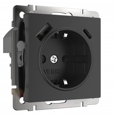 Розетка с заземлением, шторками и USB тип A+C черный Werkel W1171708