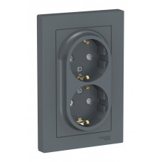 Розетка двухместная Schneider Electric ATLASDESIGN, скрытый монтаж, с заземлением, со шторками, грифель