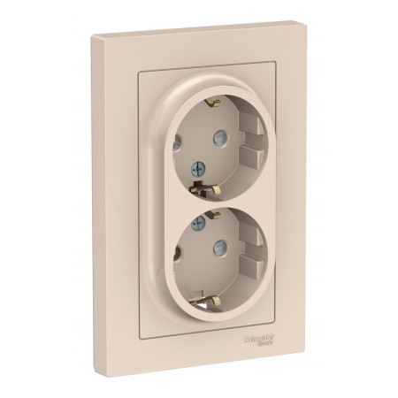Розетка двухместная с рамкой Schneider Electric ATLASDESIGN, скрытый монтаж, с заземлением, со шторками, винтовые клеммы, бежевый