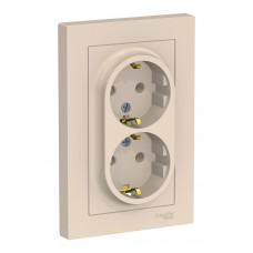 Розетка двухместная с рамкой Schneider Electric ATLASDESIGN, скрытый монтаж, с заземлением, винтовые клеммы, бежевый