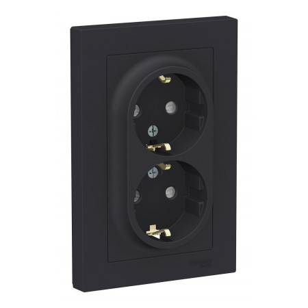 Розетка двухместная Schneider Electric ATLASDESIGN, скрытый монтаж, с заземлением, со шторками, карбон