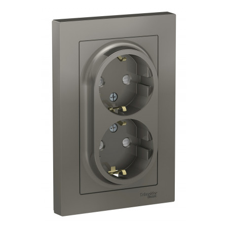 Розетка двухместная Schneider Electric ATLASDESIGN, скрытый монтаж, с заземлением, со шторками, сталь