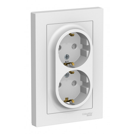 Розетка двухместная с рамкой Schneider Electric ATLASDESIGN, скрытый монтаж, с заземлением, со шторками, винтовые клеммы, белый