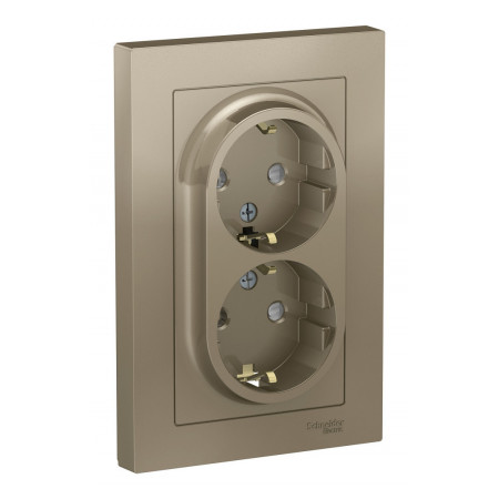Розетка двухместная Schneider Electric ATLASDESIGN, скрытый монтаж, с заземлением, со шторками, шампань